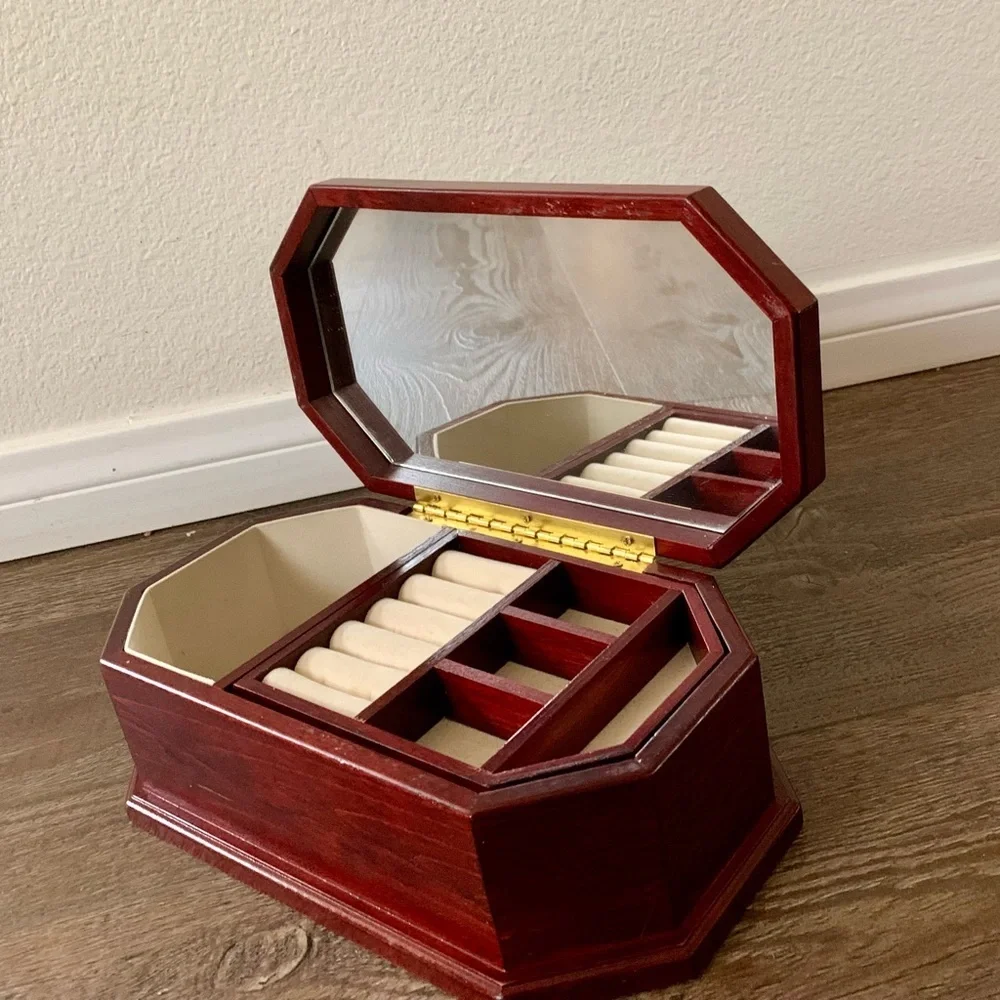 vintage octagon Wooden Jewelry Box With Mirror